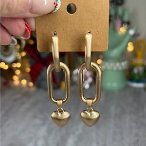Brushed Gold Tone Dangle Earrings Heart Paper Clip Style Jewelry